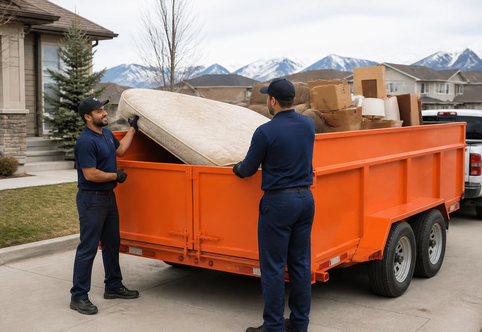 Two-person crew loading furniture and boxes into an orange dump trailer on a Calgary driveway